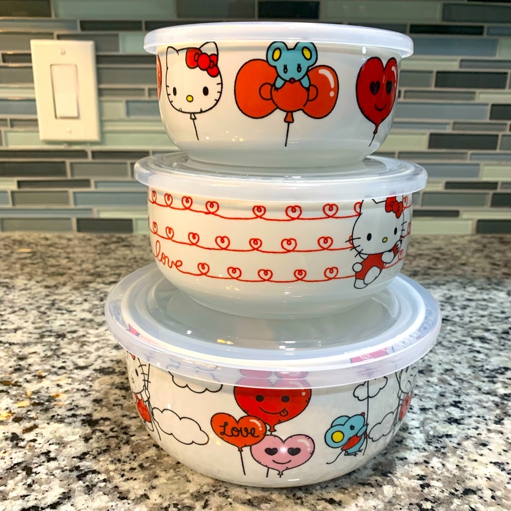 Hello Kitty Valentine's 3 Piece Ceramic Food Storage Bowls Container Set
